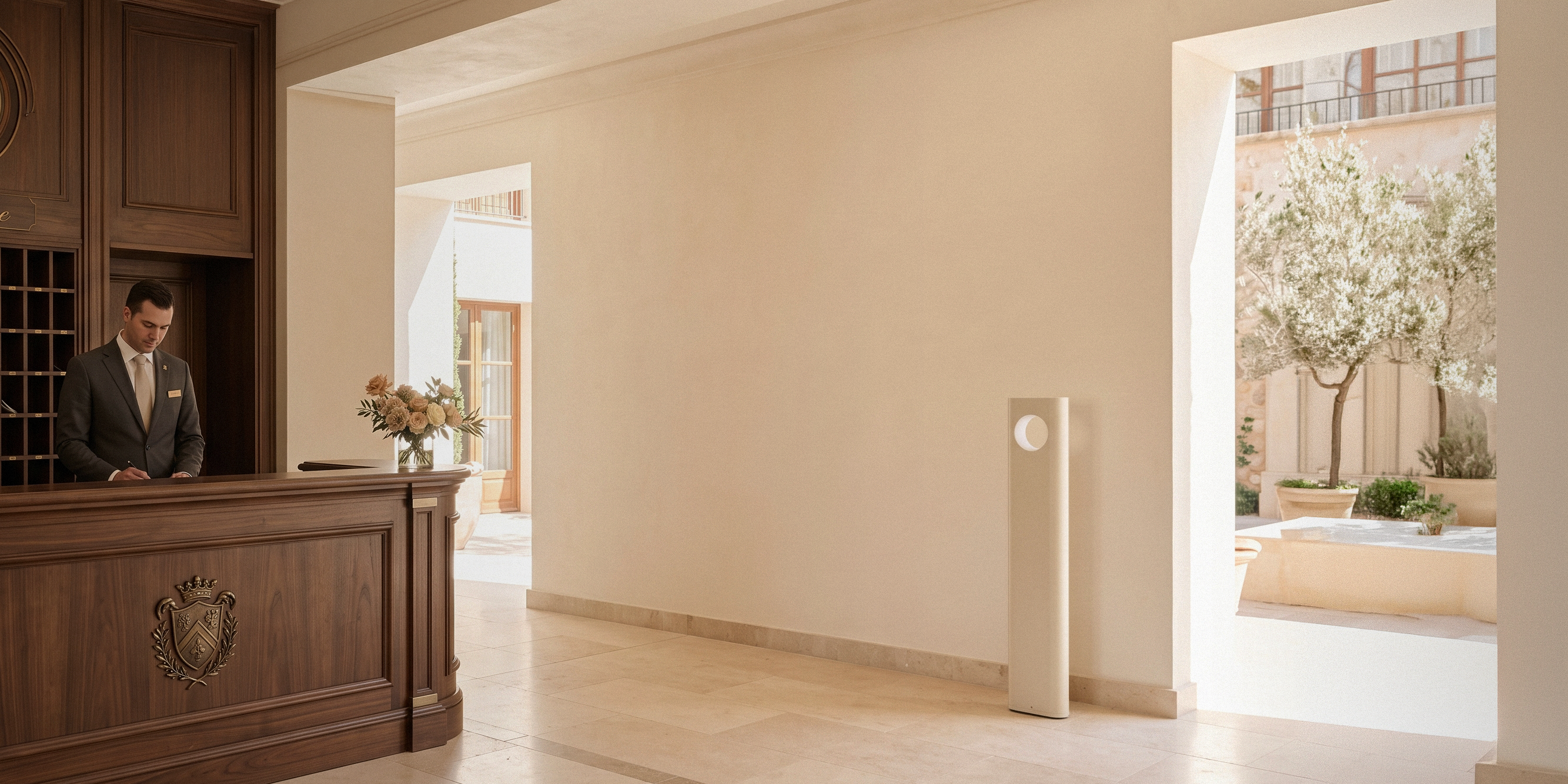 A dispenser standing against a plaster wall in a hotel reception, olive courtyard beyond the doorway