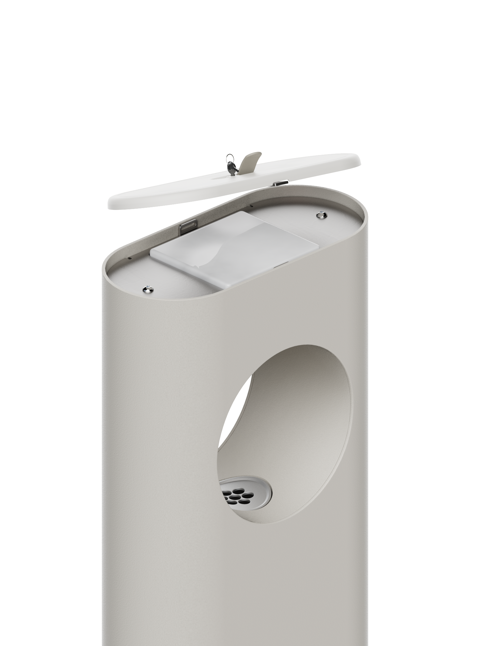 The dispenser with its lid lifted open, showing the cartridge bay inside the top