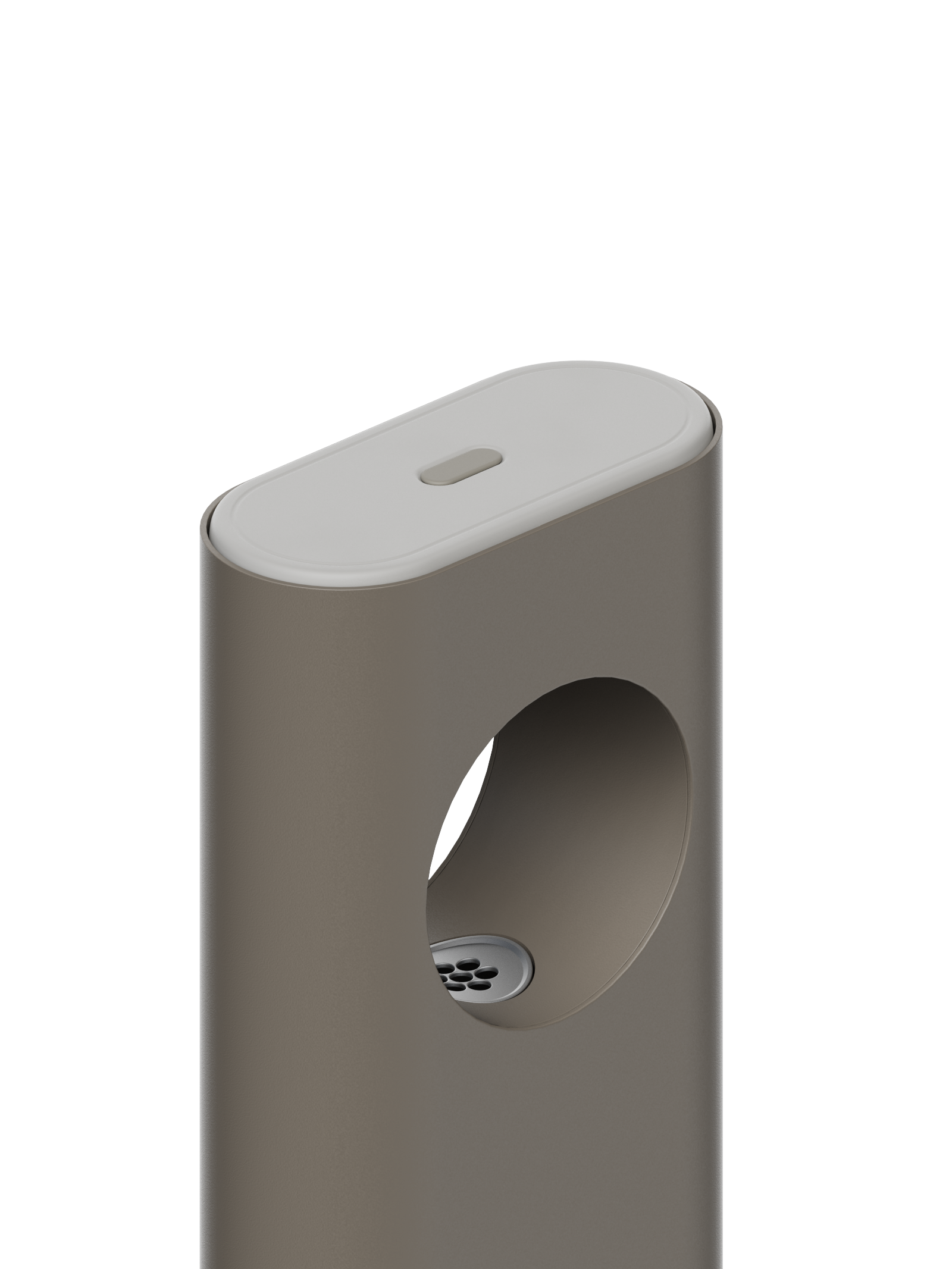 Detail of a dispenser in a warm taupe finish, lid closed, showing the ring opening and nozzle