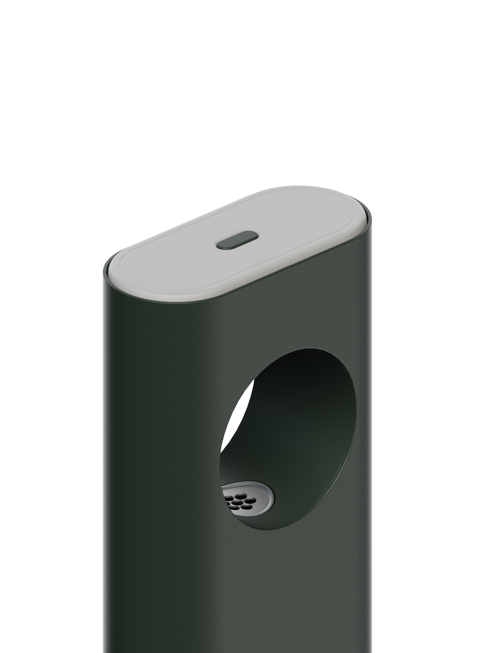 Detail of a dispenser in a deep green finish, showing the ring opening and nozzle