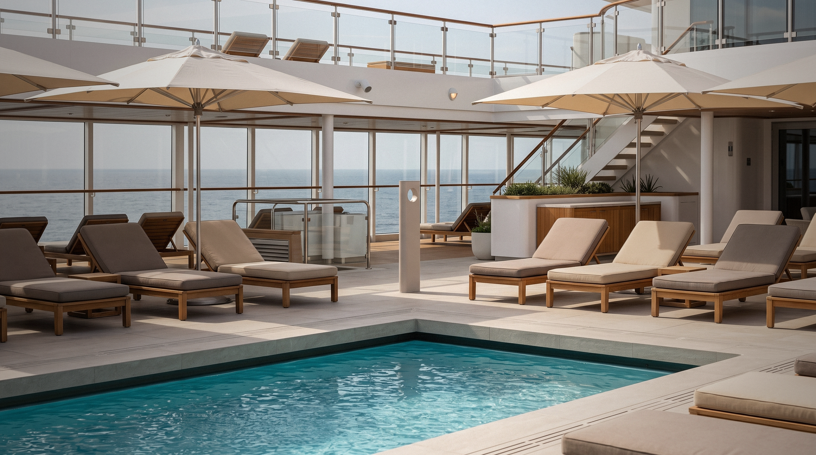 A dispenser on a sun deck between teak loungers, sea horizon behind