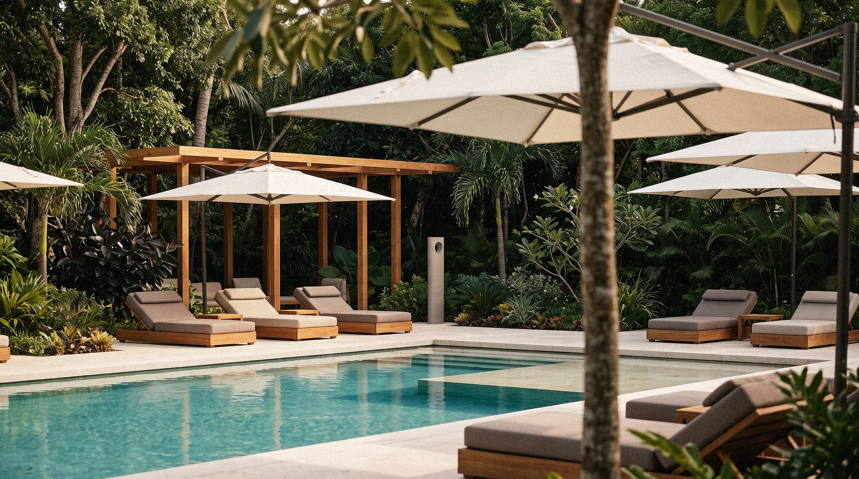 A dispenser beside a resort pool, teak pergola and dense tropical planting behind