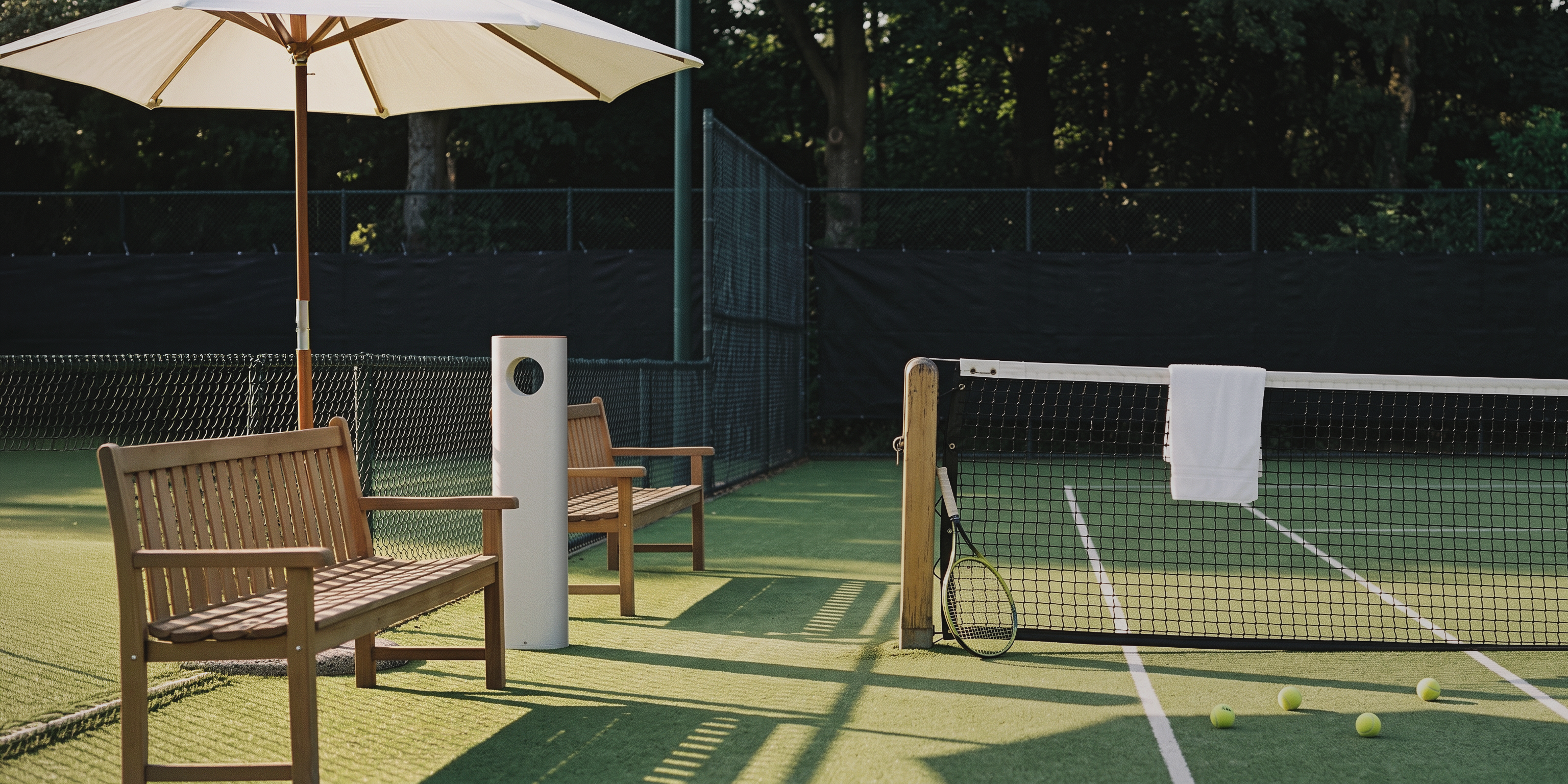 A dispenser courtside beside a bench and parasol on a tennis court
